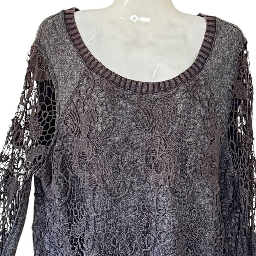Free People Pretty Rad Sweater Graphite Black Round Neck Crochet Lace Goth Med - Picture 5 of 15